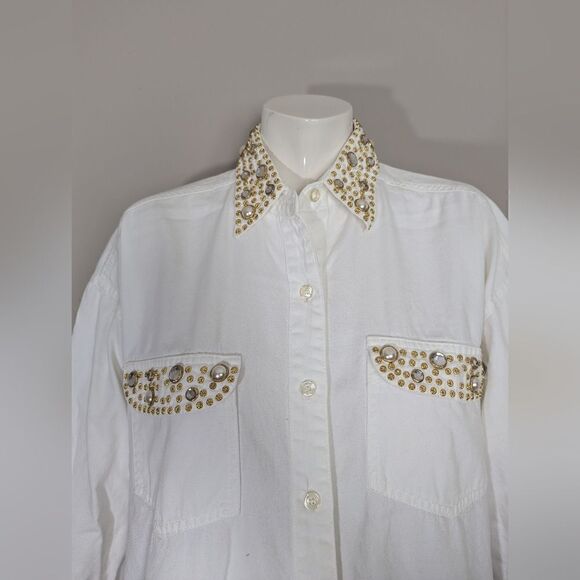 Vintage bedazzled button shirt, Pearls rhinestones studs, western style white co - Picture 7 of 10